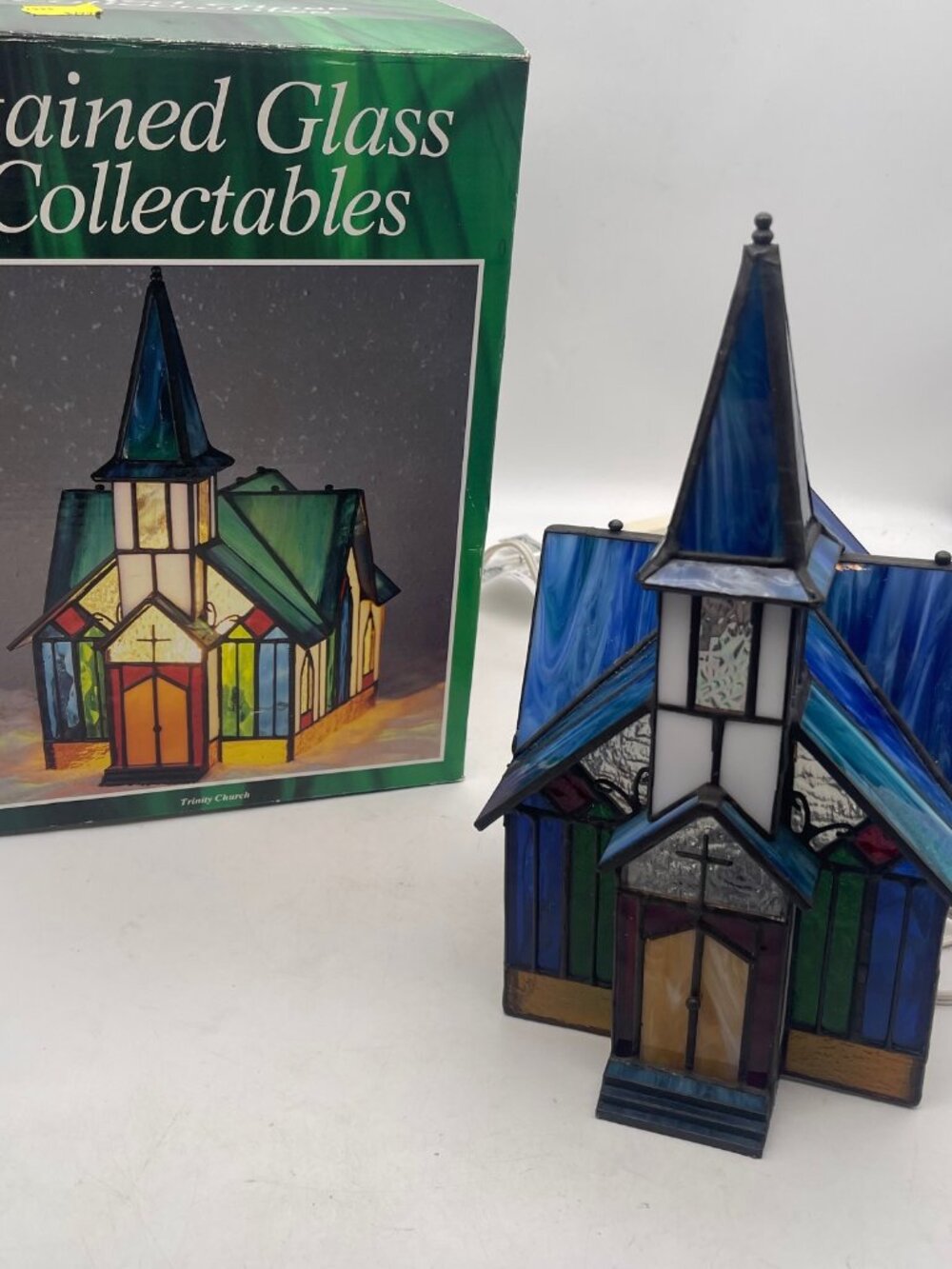 Vintage Stained Glass Trinity Church Light Lamp 90s Tiffany Style Church